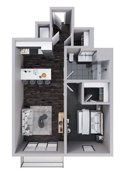 Floor plan for 1 bed, 1 bath, 761 sqft